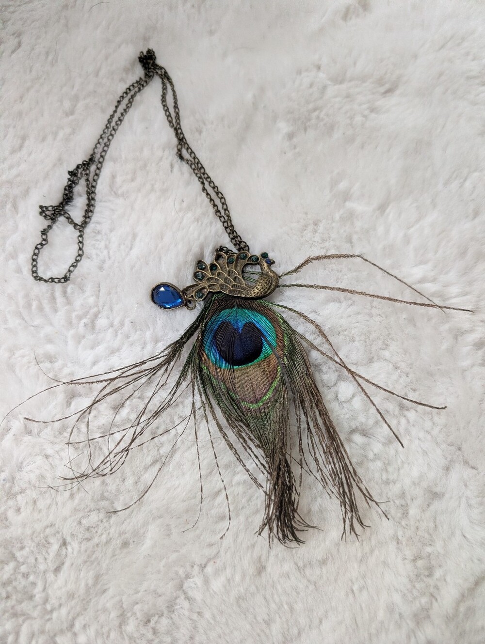 Peacock Feather Pendant Necklace with Blue Stone - Women Jewelry